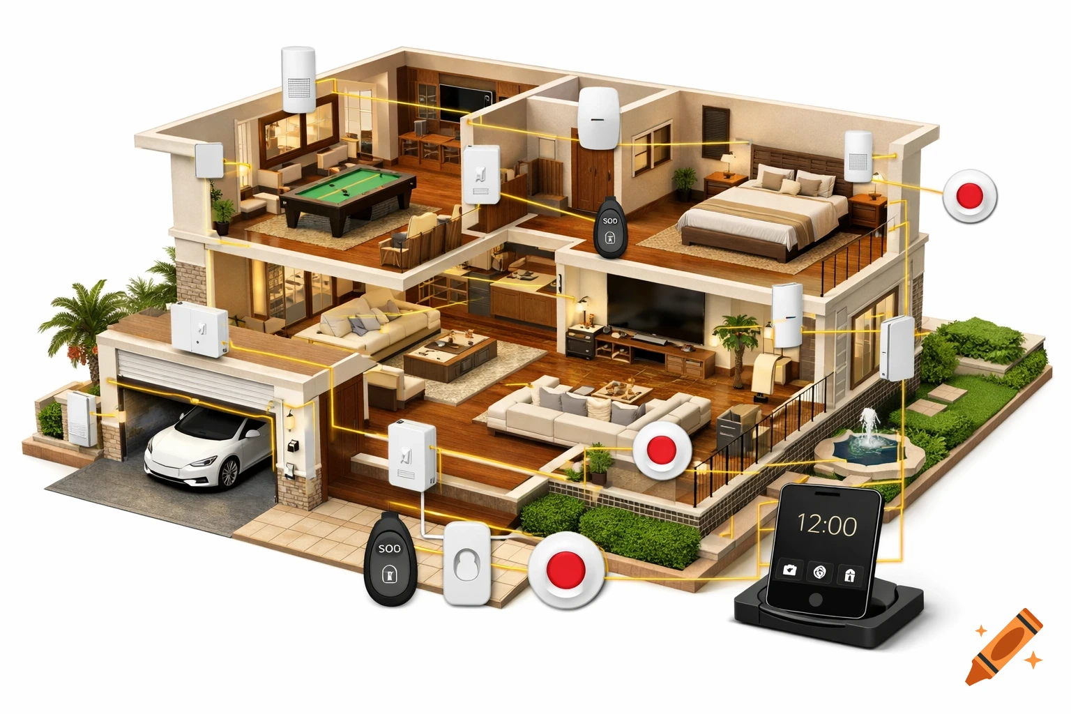 Isometric cutaway view of a two-story luxury smart home villa with integrated security and control system, featuring a white Tesla in the garage.
