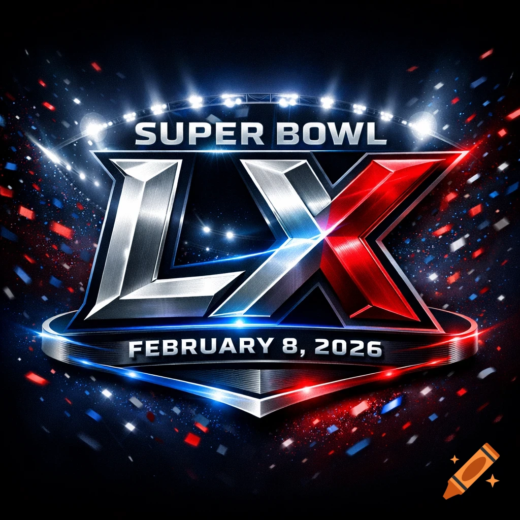 Metallic Super Bowl LX logo with confetti and stadium lights, featuring the date February 8, 2026.