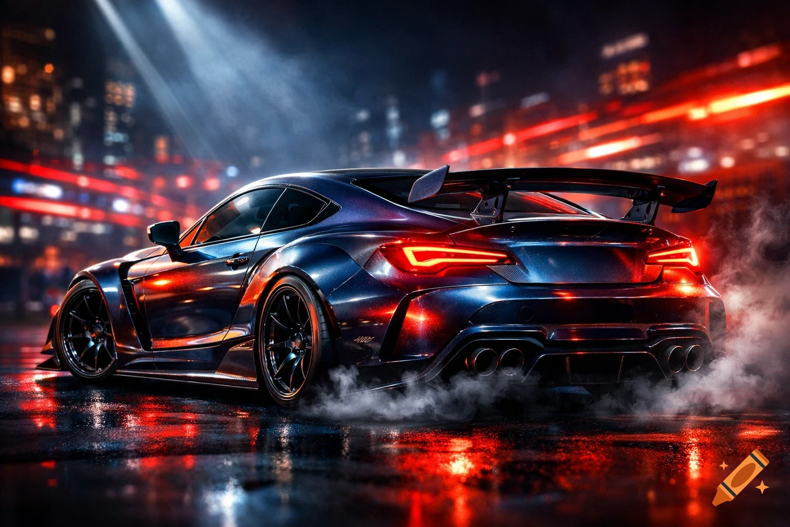 Dark blue sports car with red reflections and smoke drifting from its tires on a wet city street at night.