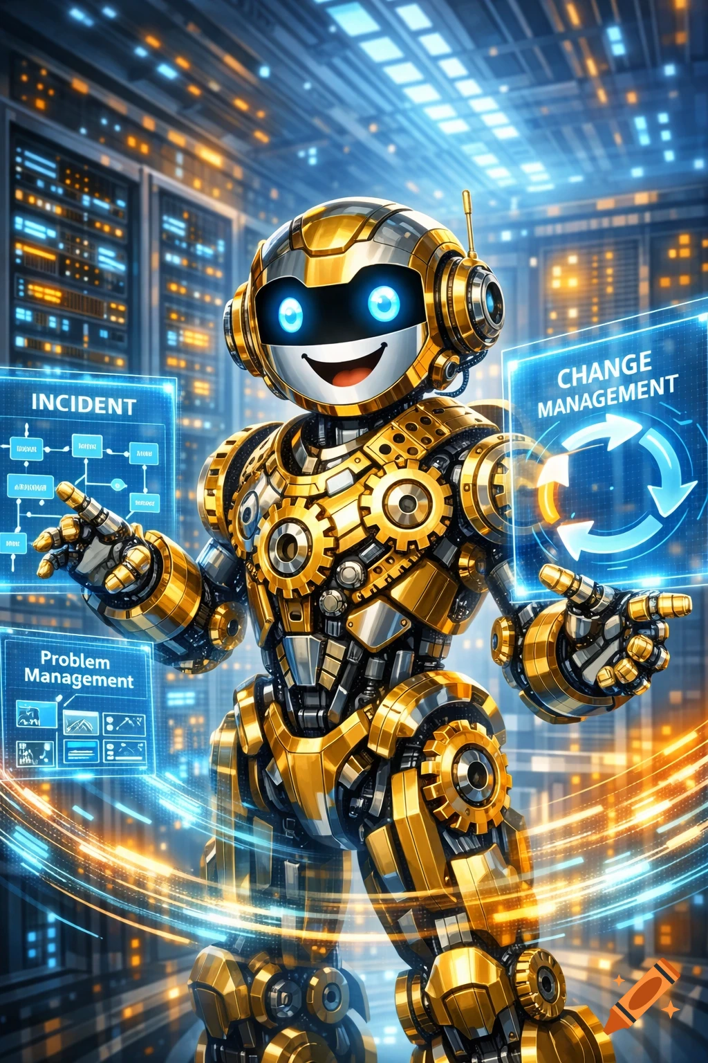Friendly gold and silver robot with glowing blue eyes smiling in a data center, pointing at holographic IT management screens.