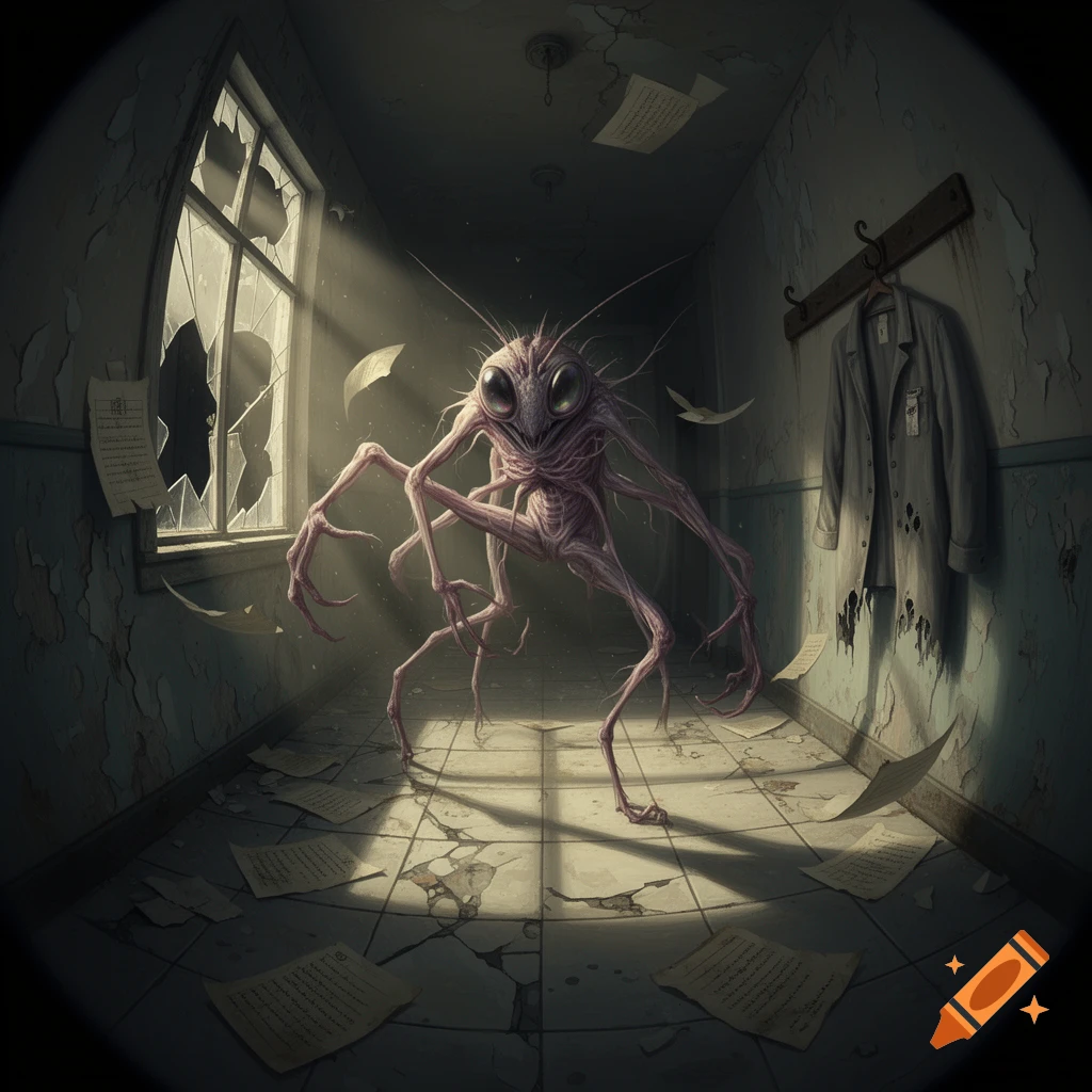 A terrifying, spindly creature with large eyes stands in a dark ...