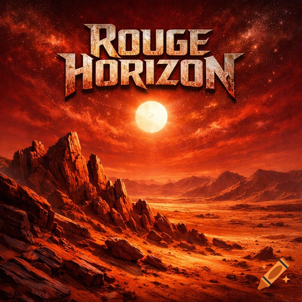 A red, rocky Martian landscape under a bright sun and starry red sky, with "ROUGE HORIZON" text.