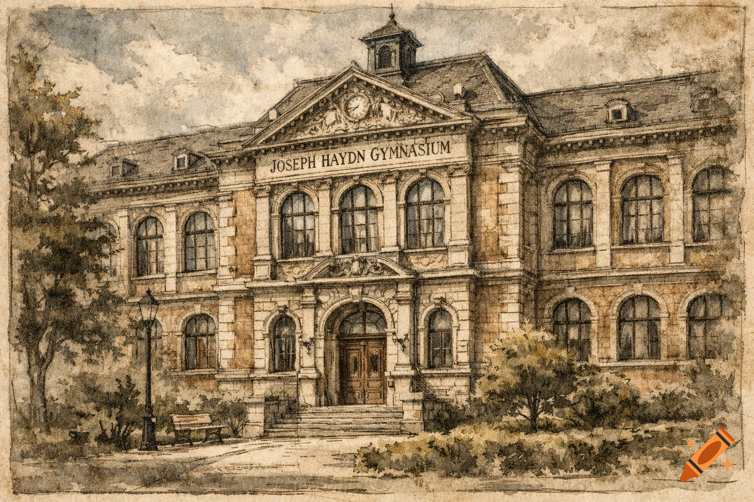 Watercolor and sketch drawing of the grand 'Joseph Haydn Gymnasium' building, featuring a clock, arched windows, and a central entrance.