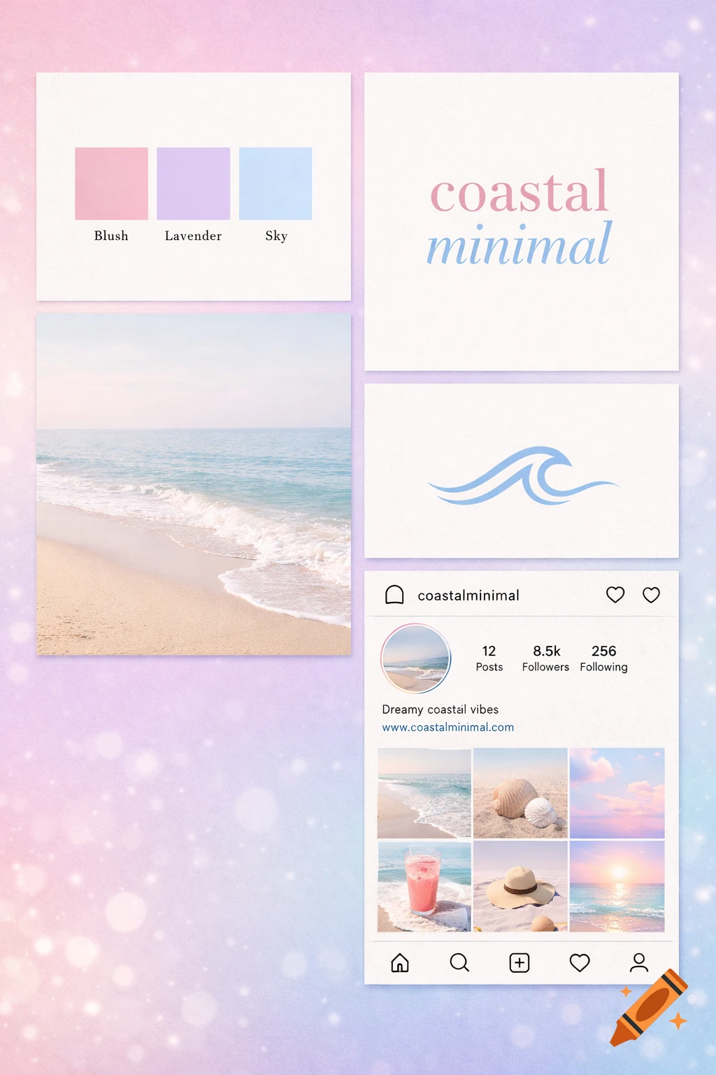 A pastel moodboard with color swatches, "coastal minimal" typography, a beach photo, a wave icon, and a social media profile preview.