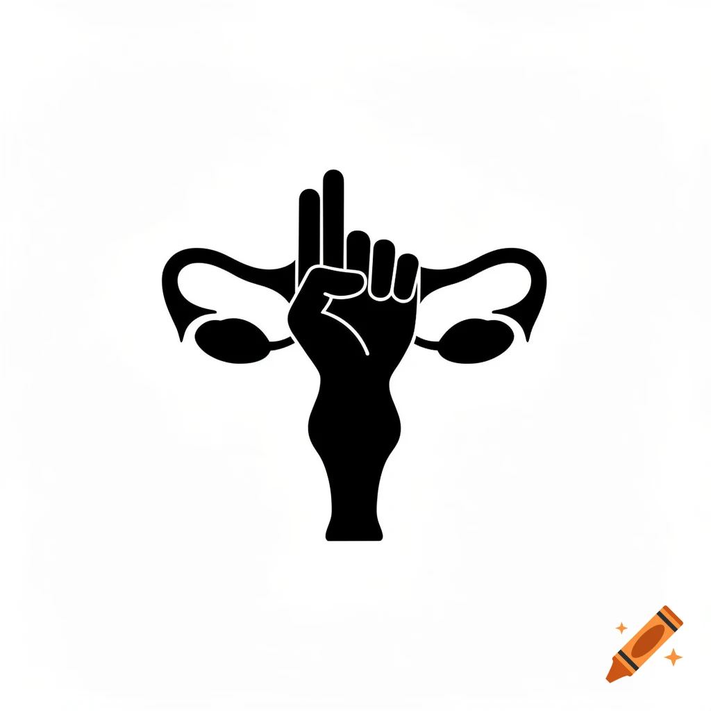 Black minimalist silhouette of a uterus with a raised fist emerging from its center, on a white background, symbolizing feminist resistance.
