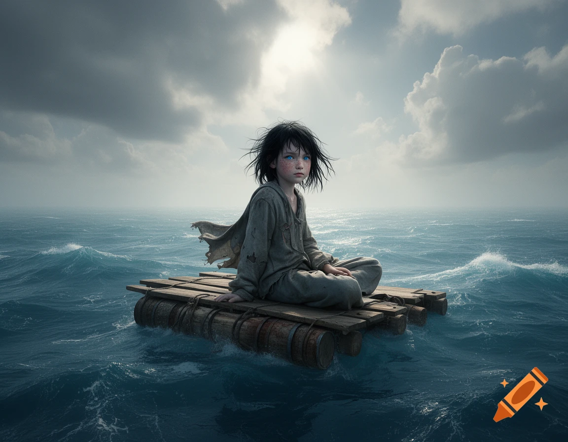 A photorealistic image of a young girl with messy black hair and blue eyes, sitting on a wooden raft in a stormy ocean.