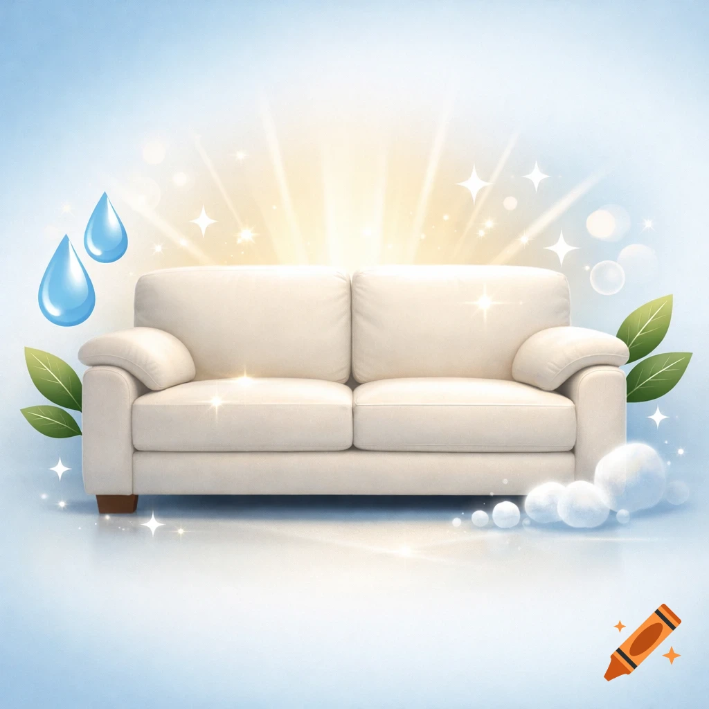 A cream-colored sofa surrounded by sparkling lights, water droplets, green leaves, and white suds on a light blue background.
