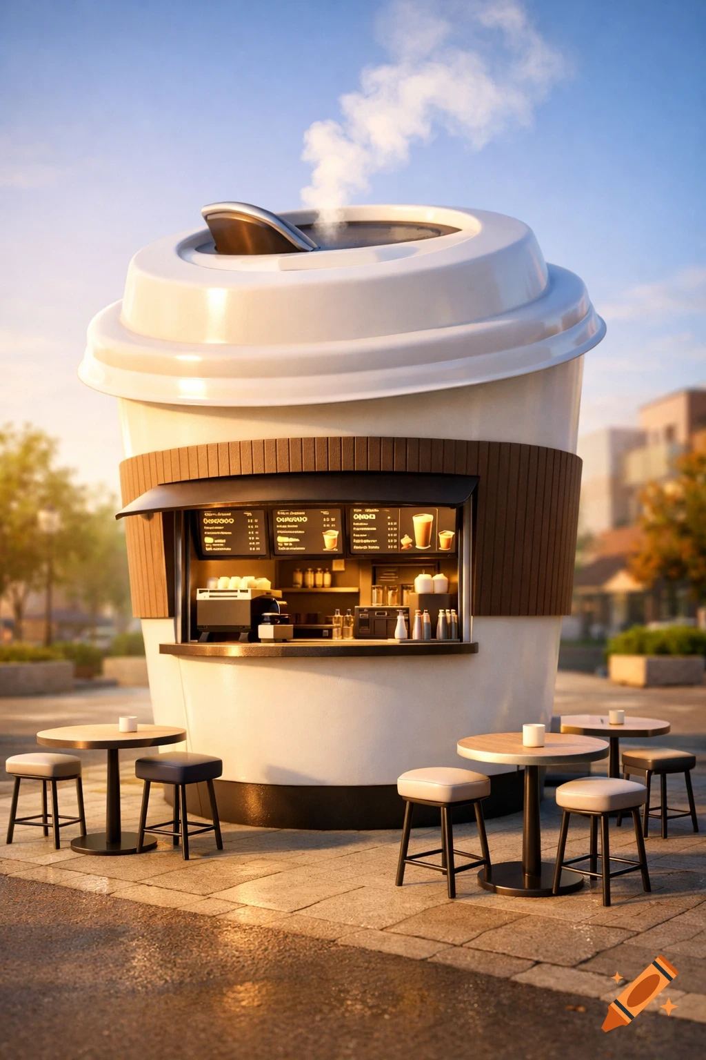 A 3D render of a giant coffee cup-shaped kiosk with a service window, menu boards, and outdoor seating with tables and stools.