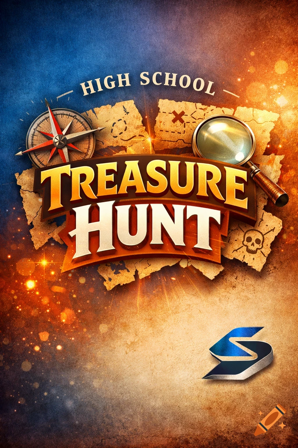 Poster for 'High School Treasure Hunt' with a compass, magnifying glass, treasure maps, and a stylized 'S' logo.
