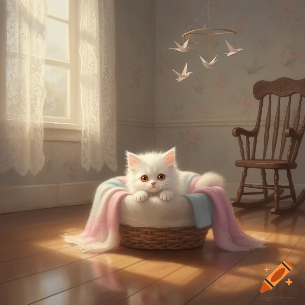 A fluffy white kitten with amber eyes sits in a woven basket with pink and blue blankets in a sunlit room with a rocking chair and bird mobile.