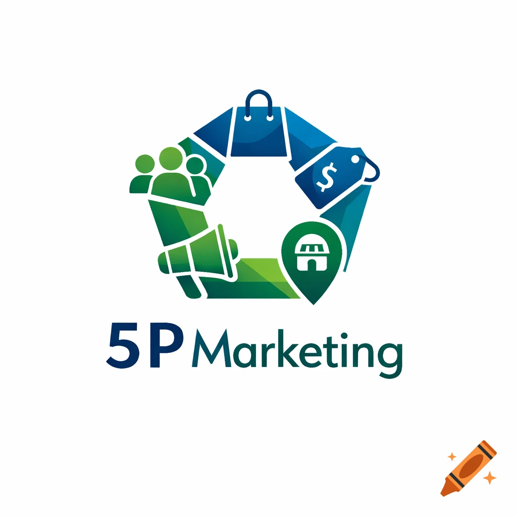 Colorful '5P Marketing' logo with a pentagon containing icons for people, megaphone, shopping bag, price tag, and location.
