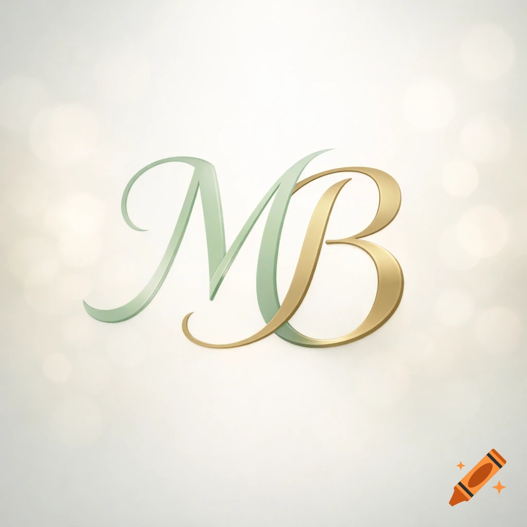 Elegant intertwined letters M and B in light green and gold on a soft, light bokeh background.
