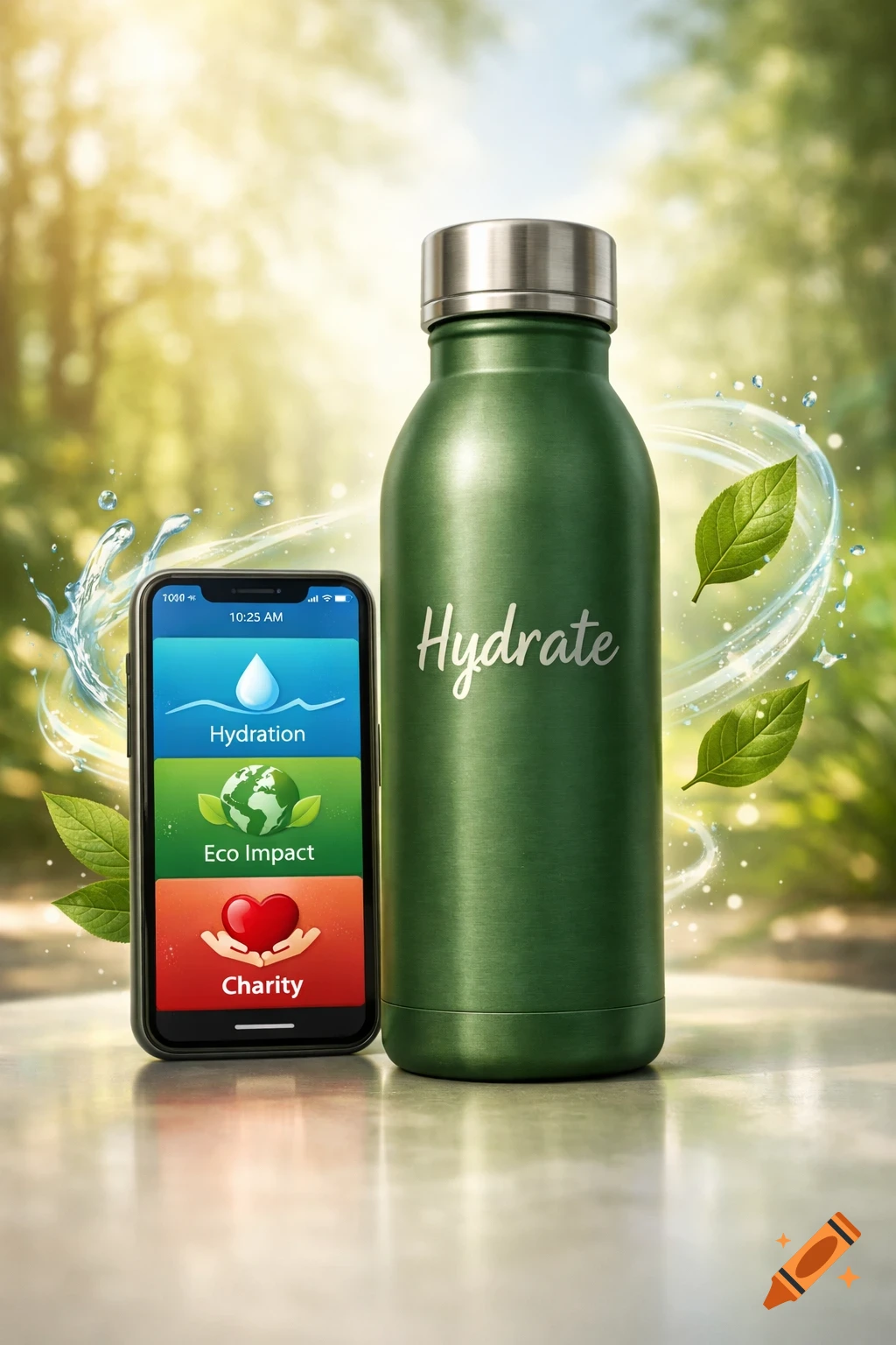 A green reusable water bottle with 'Hydrate' written on it, next to a smartphone displaying an app with options for Hydration, Eco Impact, and Charity. Green leaves and water splashes surround them, set against a blurred outdoor background.