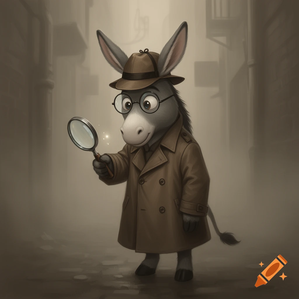 A cartoon donkey dressed as a detective, wearing a trench coat and fedora, holds a magnifying glass in a foggy alley.