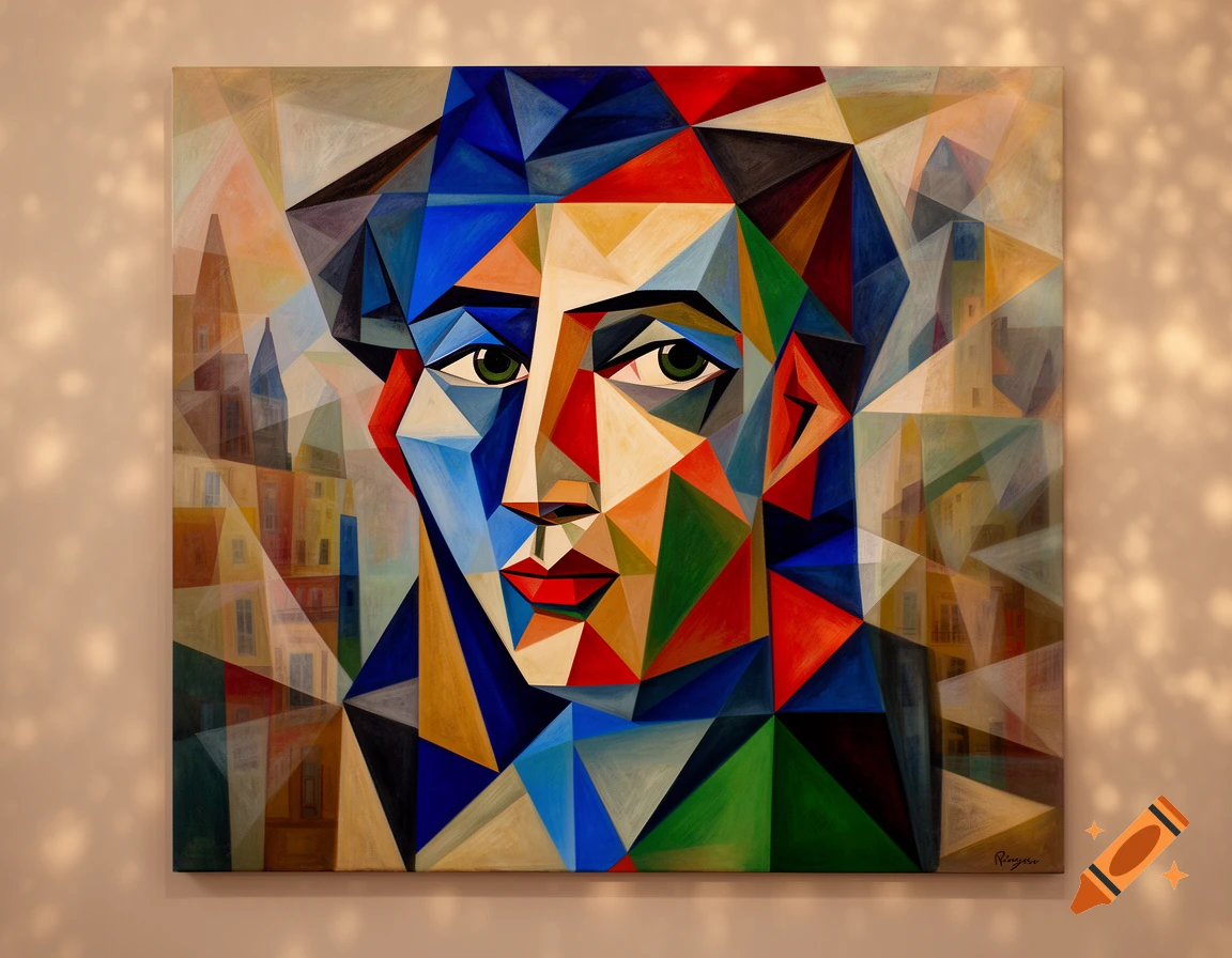 A colorful cubist painting of a person's face composed of geometric shapes, featuring green eyes and red lips, against an abstract cityscape.