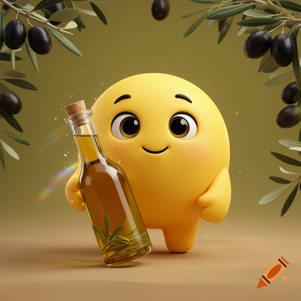 A cute, smiling yellow emoji character holds a bottle of olive oil, framed by olive branches with dark olives against a green background.
