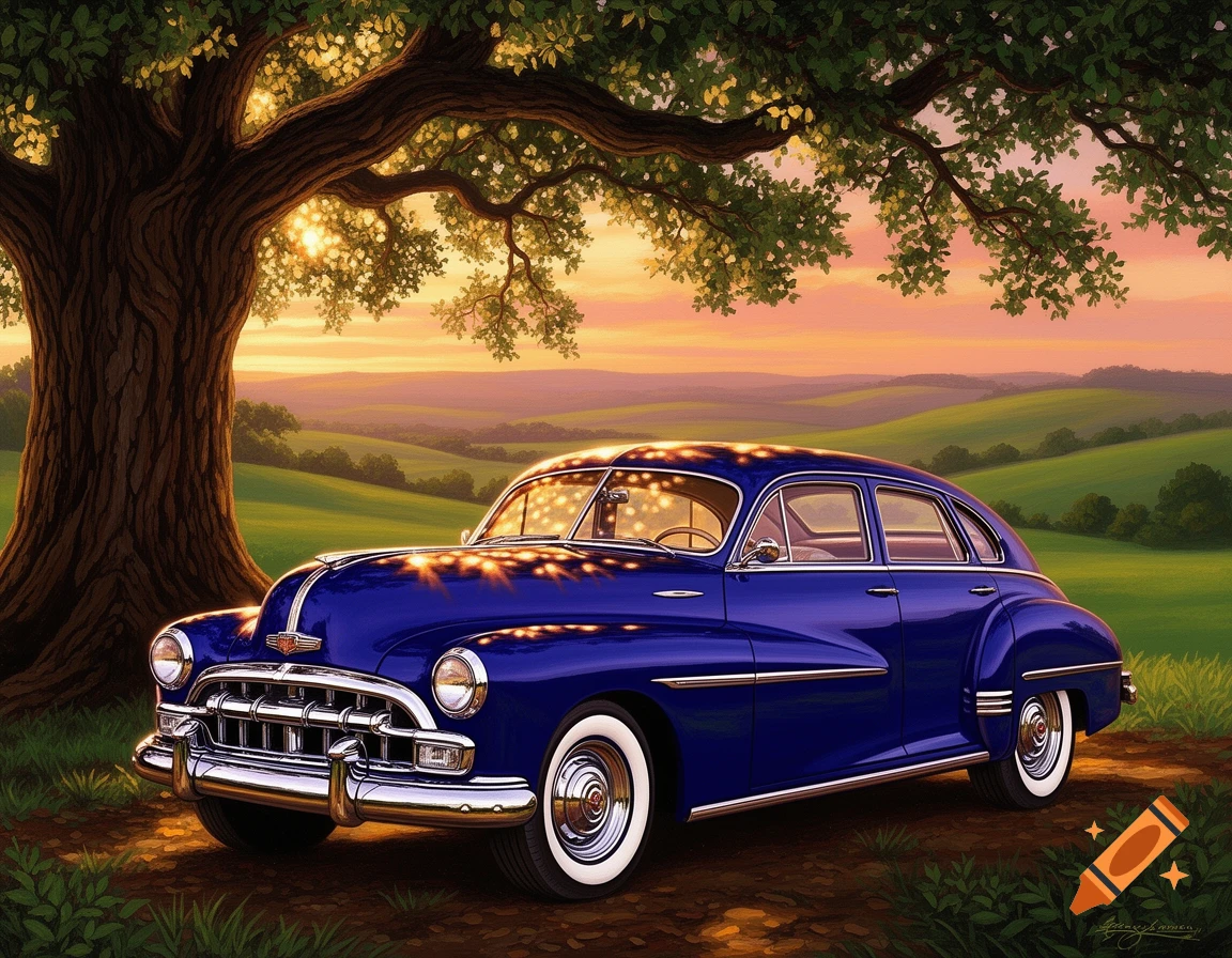 A deep blue classic car with white-wall tires is parked under a large tree, illuminated by the warm glow of a sunset over rolling green hills in a painterly style.