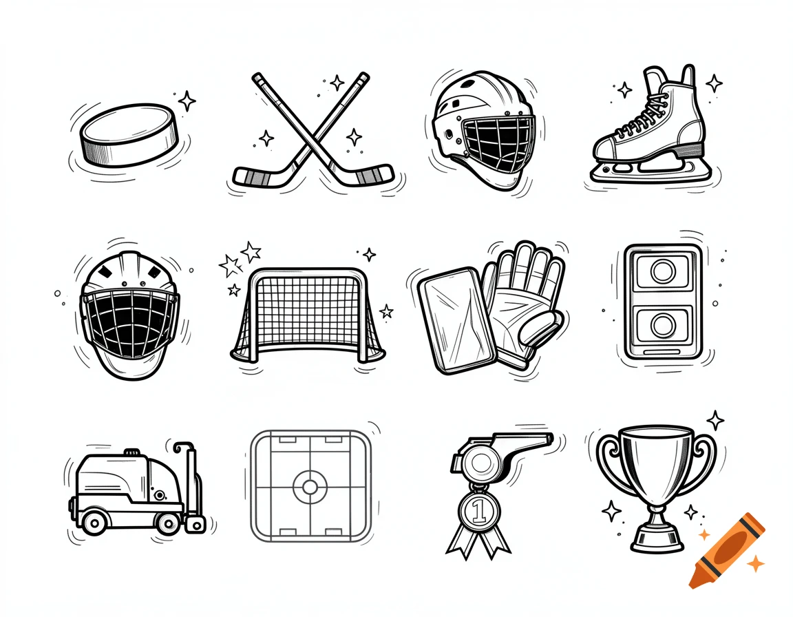 A set of 12 black and white doodle icons related to ice hockey on a white background, including a puck, sticks, helmets, skates, and a trophy.