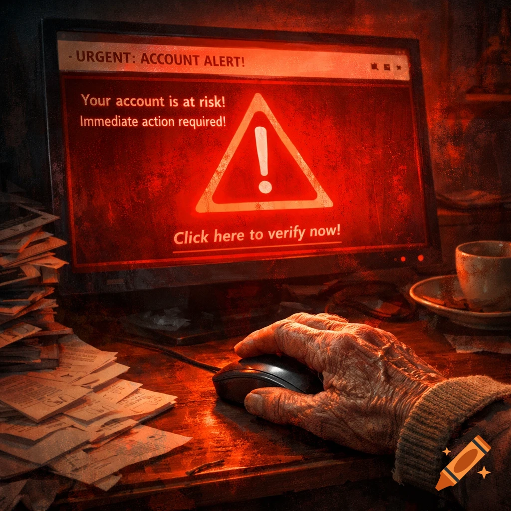 Elderly hand on a computer mouse, about to click a red screen displaying a 'URGENT: ACCOUNT ALERT!' scam message.