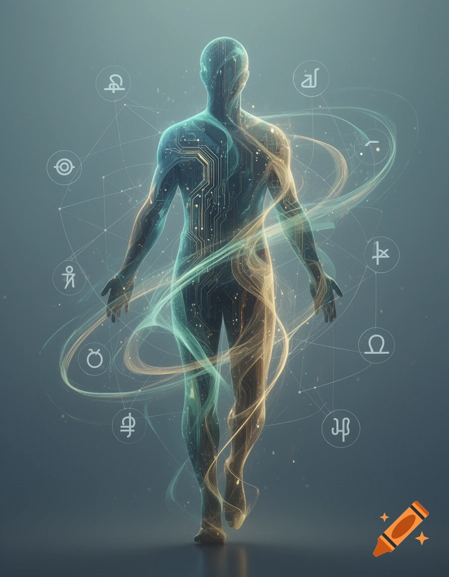 A glowing, translucent human figure with circuit patterns and energy lines, surrounded by abstract symbols, against a grey background. Digital art style.