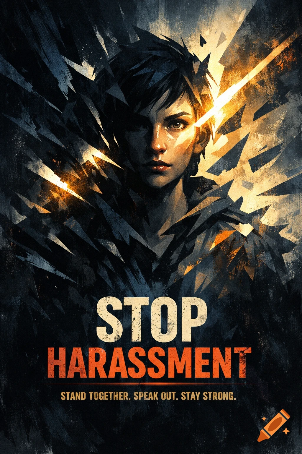 Anti-harassment poster featuring a determined woman's face amid shattering dark and glowing shards, with text 'STOP HARASSMENT'.