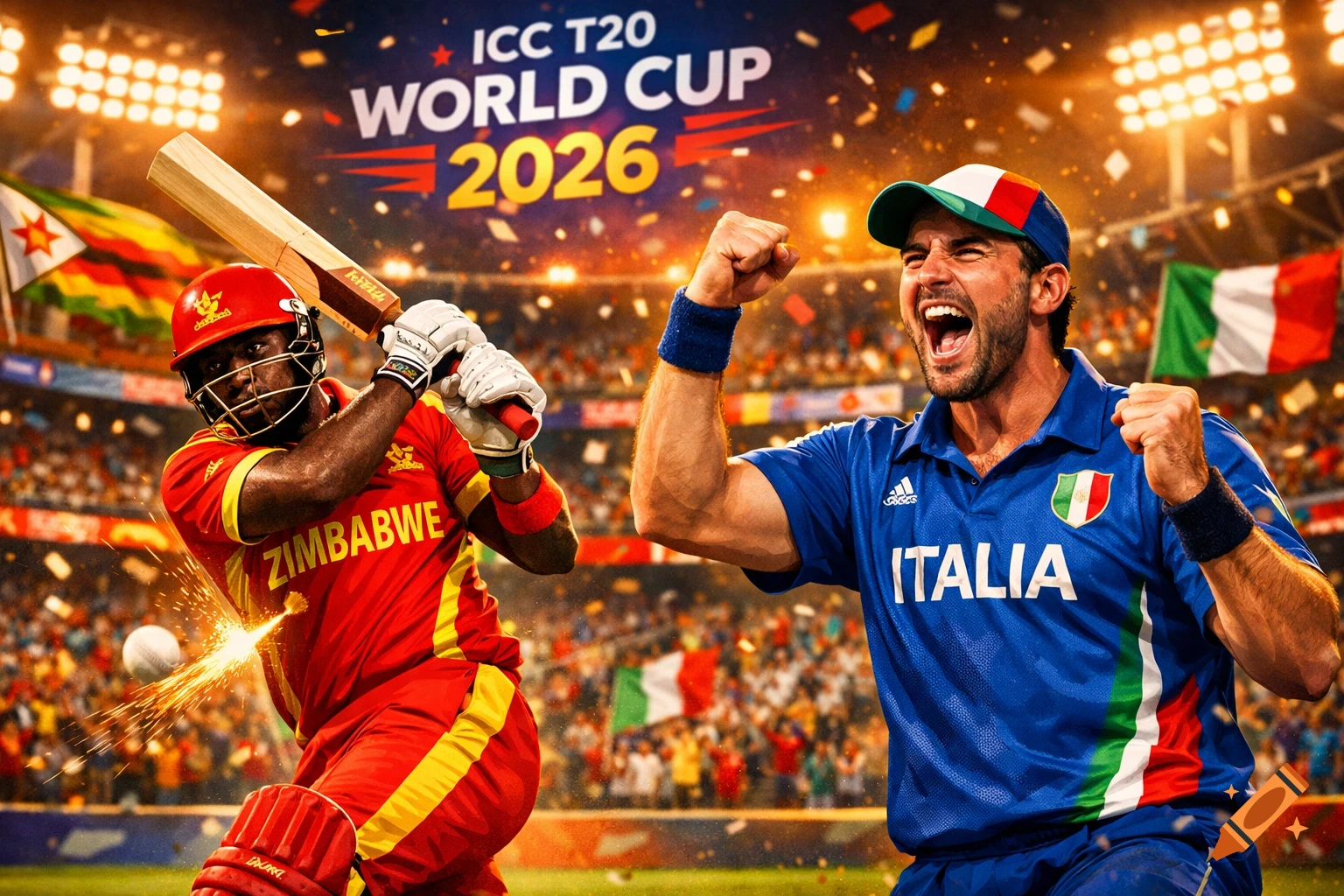 Two cricket players, one from Zimbabwe batting and one from Italy celebrating, in a vibrant stadium with "ICC T20 World Cup 2026" text.