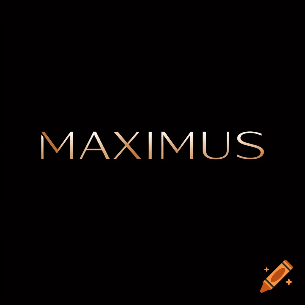 A minimalist wordmark logo for 'MAXIMUS' in metallic bronze on a black background.