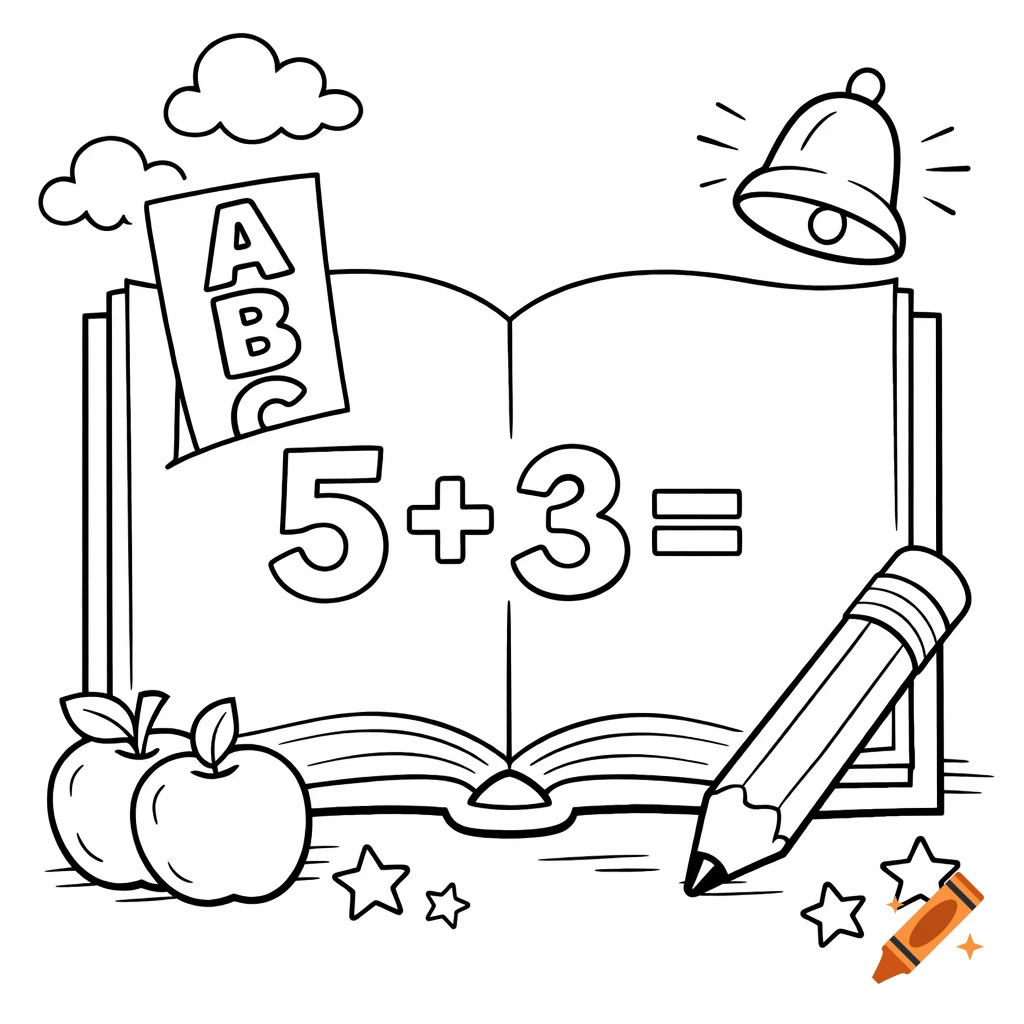 Black and white school-themed coloring page with an open book showing '5+3=', ABC letters, a pencil, apples, and a bell.