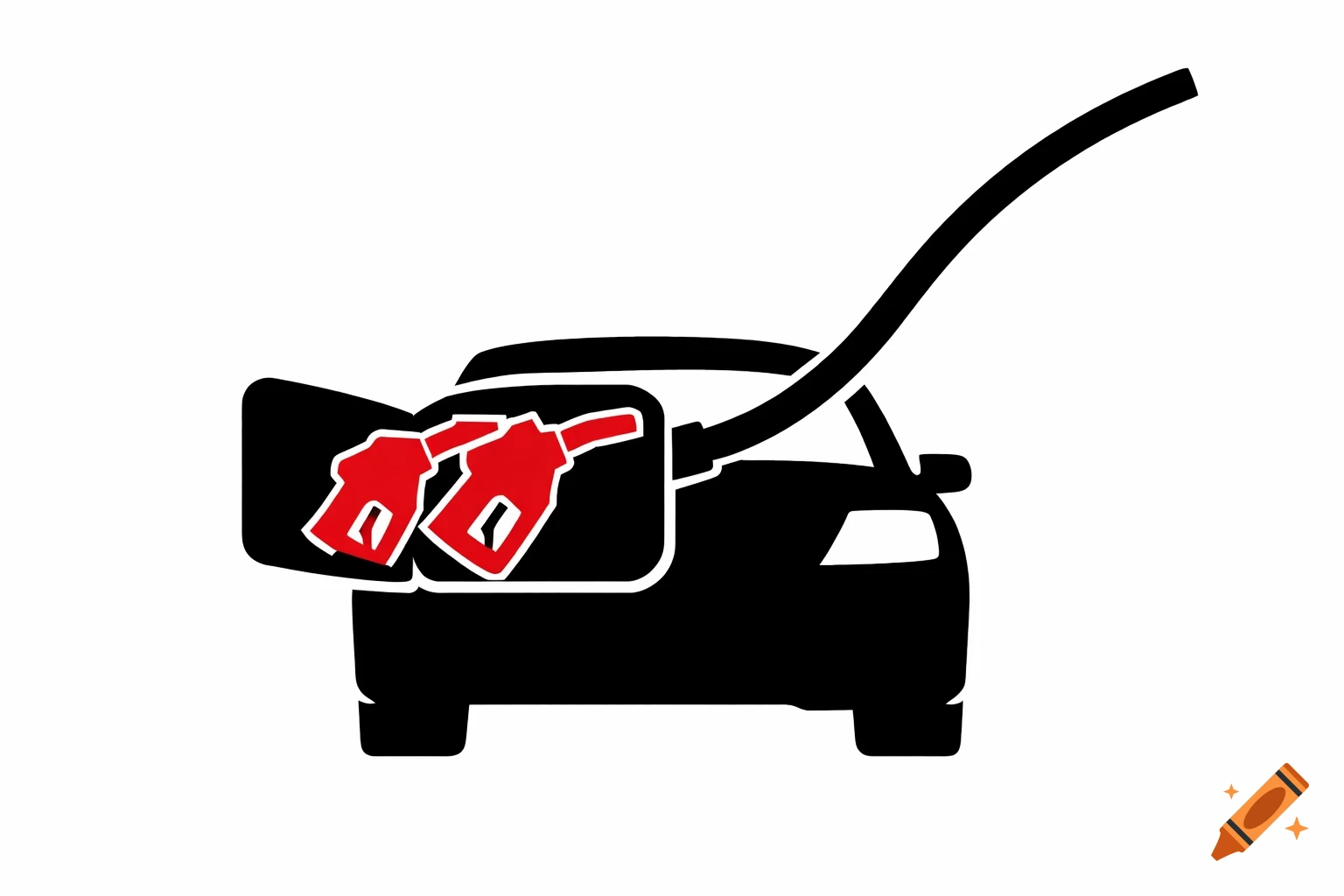 A schematic black car silhouette with an open gas tank lid, showing two red gas nozzles and a black hose.