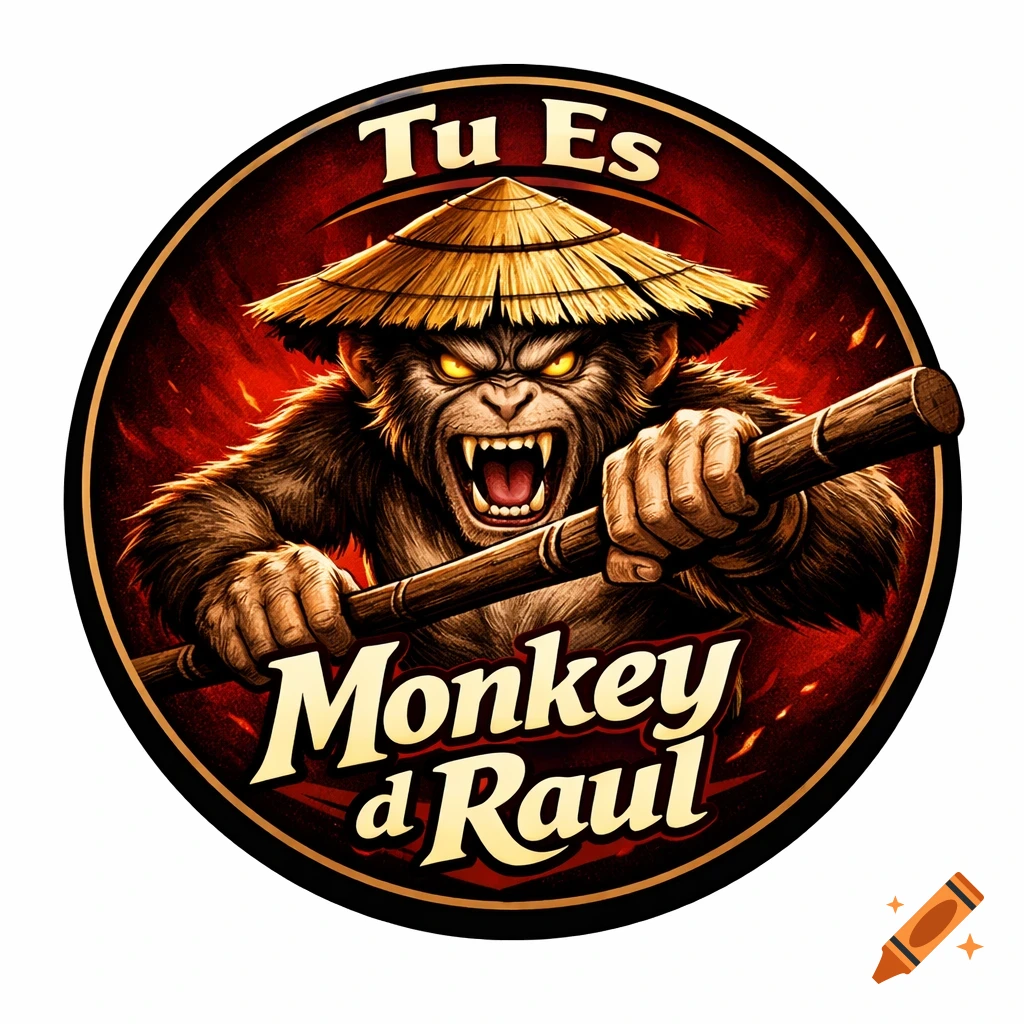 A circular logo with an angry monkey in a straw hat holding a staff, on a fiery red background, with text 'Tu Es' and 'Monkey d Raul'.