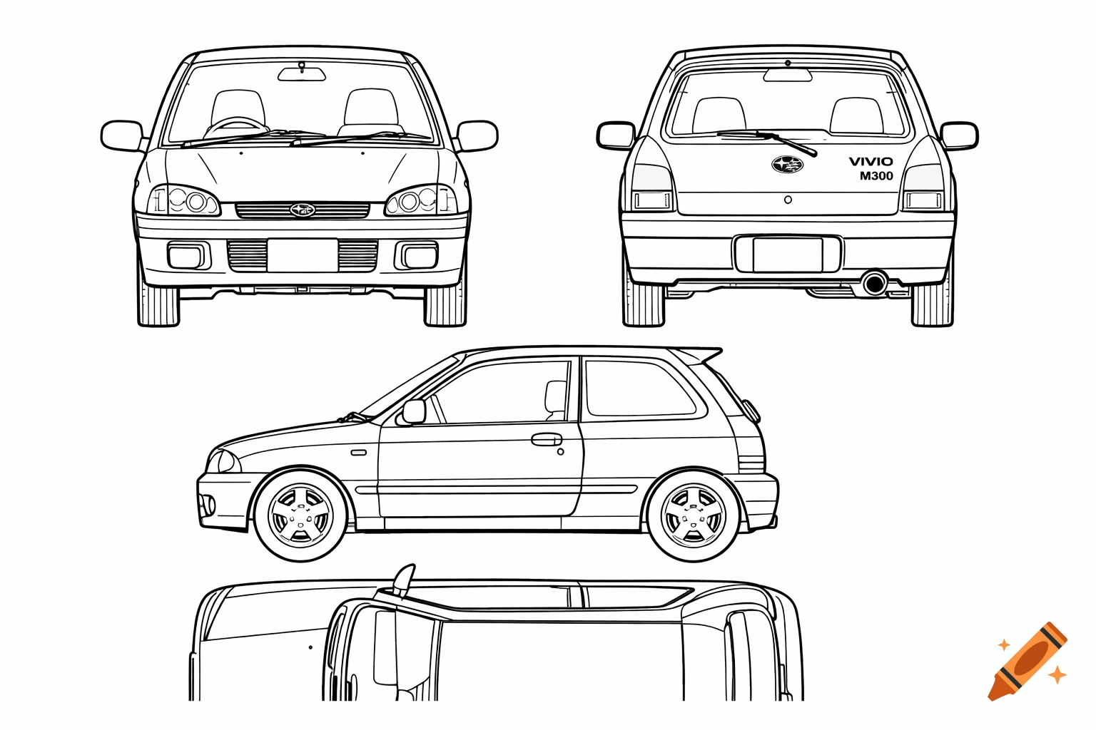 Line art illustration of a Subaru Vivio car, displaying its front, rear, side, and top views.