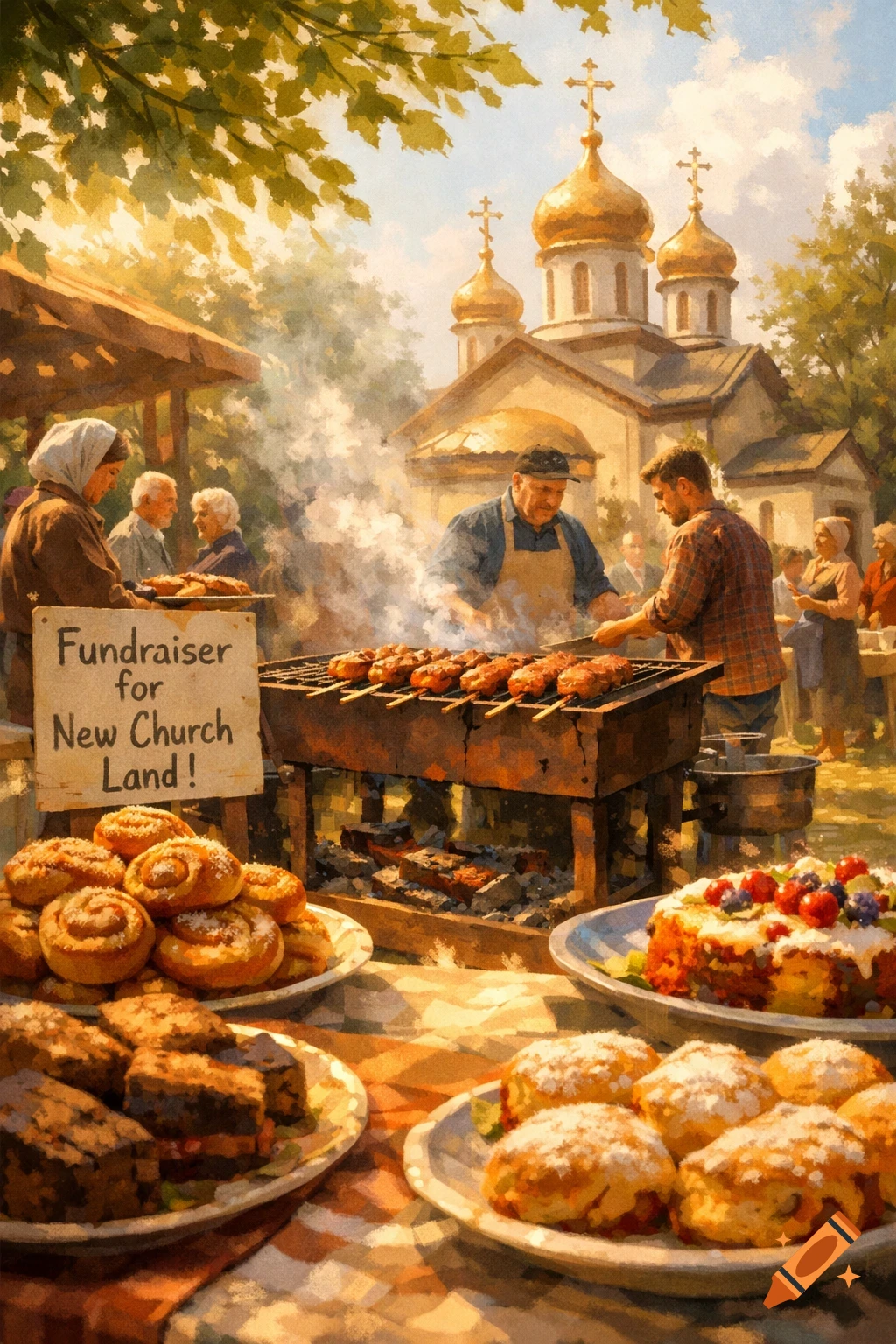 Painterly scene of an outdoor church fundraiser with people grilling food, a table with pastries, and a church in the background.