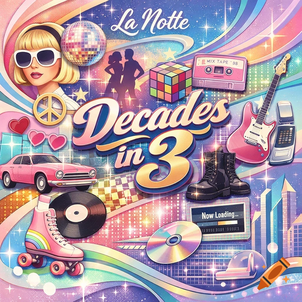 A vibrant, pop art style illustration for an album cover titled 'Decades in 3', featuring retro items like a disco ball, car, roller skates, guitar, cassette, and dancing silhouettes, all in pastel colors.