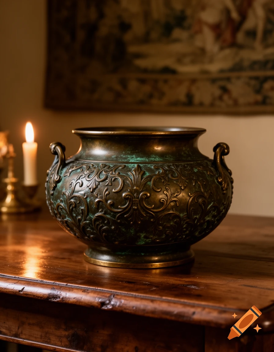 An ornate, dark bronze pot with verdigris sits on a polished wooden table, illuminated by a lit candle and a tapestry in the background.