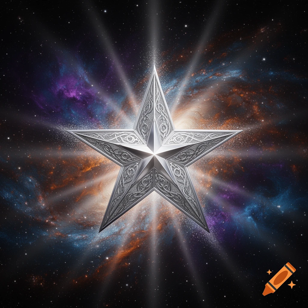 A shimmering silver five-point star with intricate patterns, radiating light against a vibrant purple and orange cosmic nebula.
