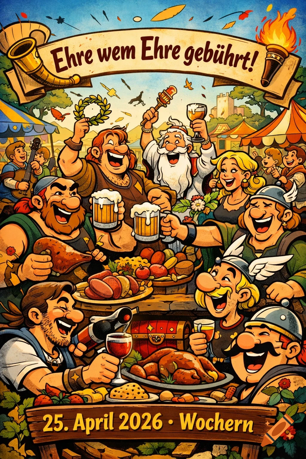 A group of jovial cartoon characters in a comic style celebrate at a feast with food and drinks under a banner that reads "Ehre wem Ehre gebührt!". A sign at the bottom says "25. April 2026 Wochern".