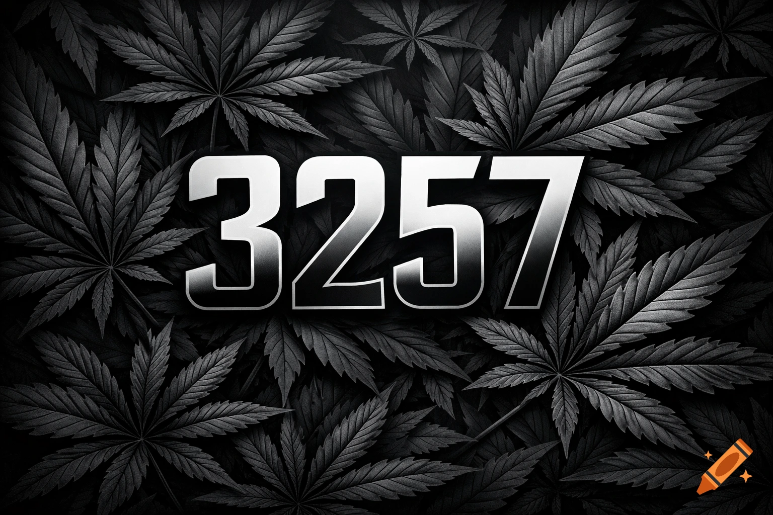 The metallic silver number 3257 stands against a dark, monochrome background of cannabis leaves.