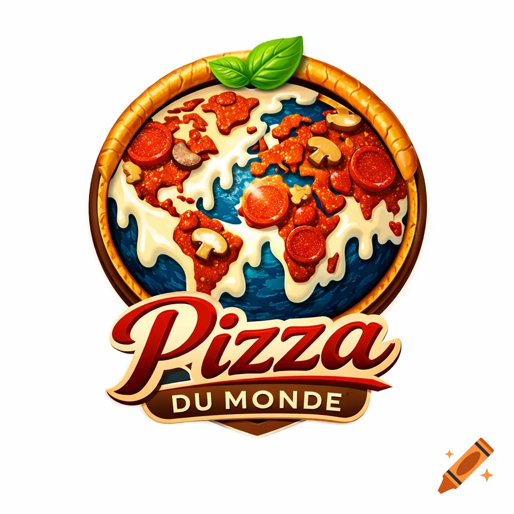 A stylized logo depicting the world as a pizza with continents of sauce, pepperoni, and mushrooms, topped with basil leaves. Below the pizza, the text reads "Pizza DU MONDE".