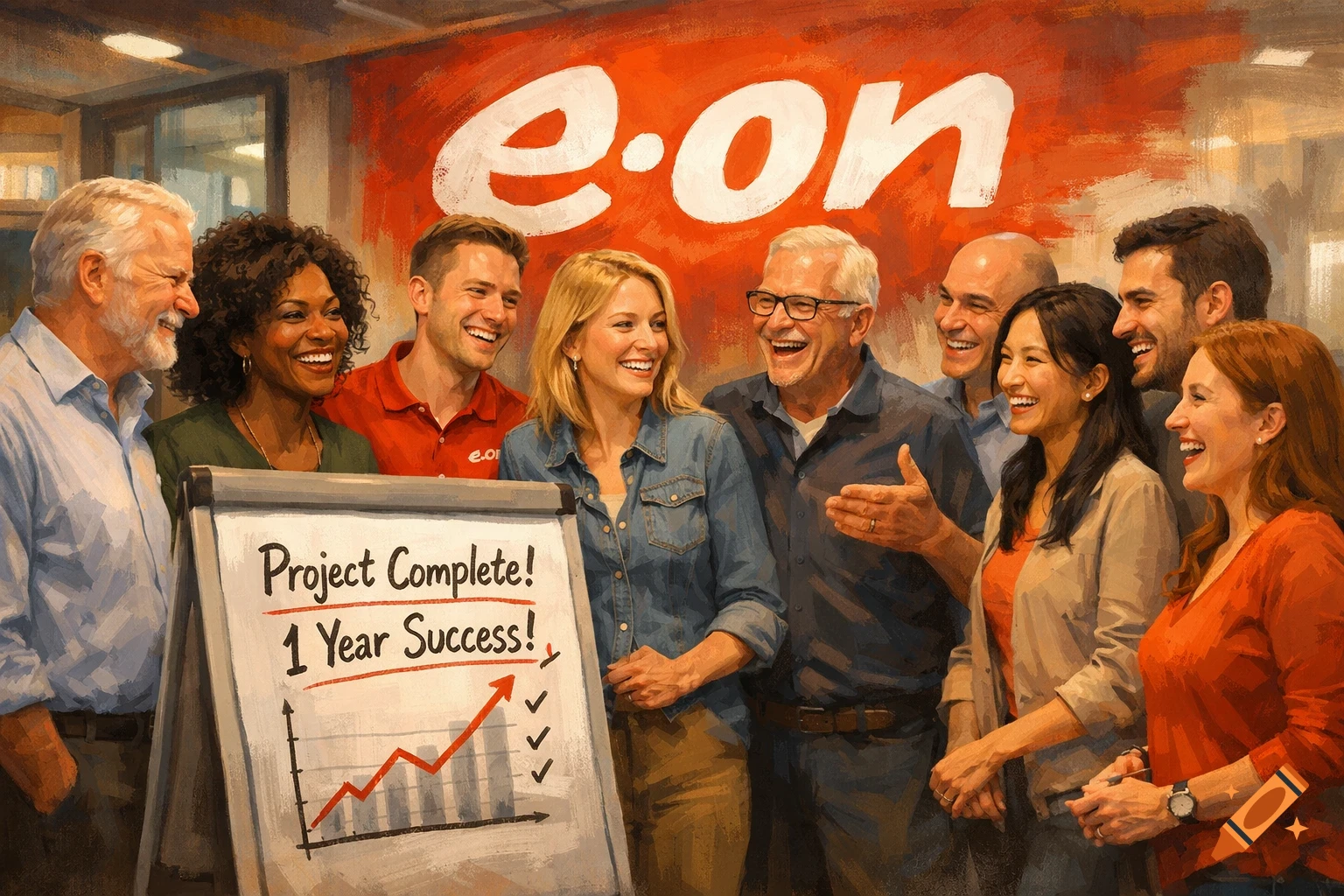 A diverse group of smiling people celebrate in front of a flipchart with "Project Complete! 1 Year Success!", an upward graph, and an e.on logo, painterly style.