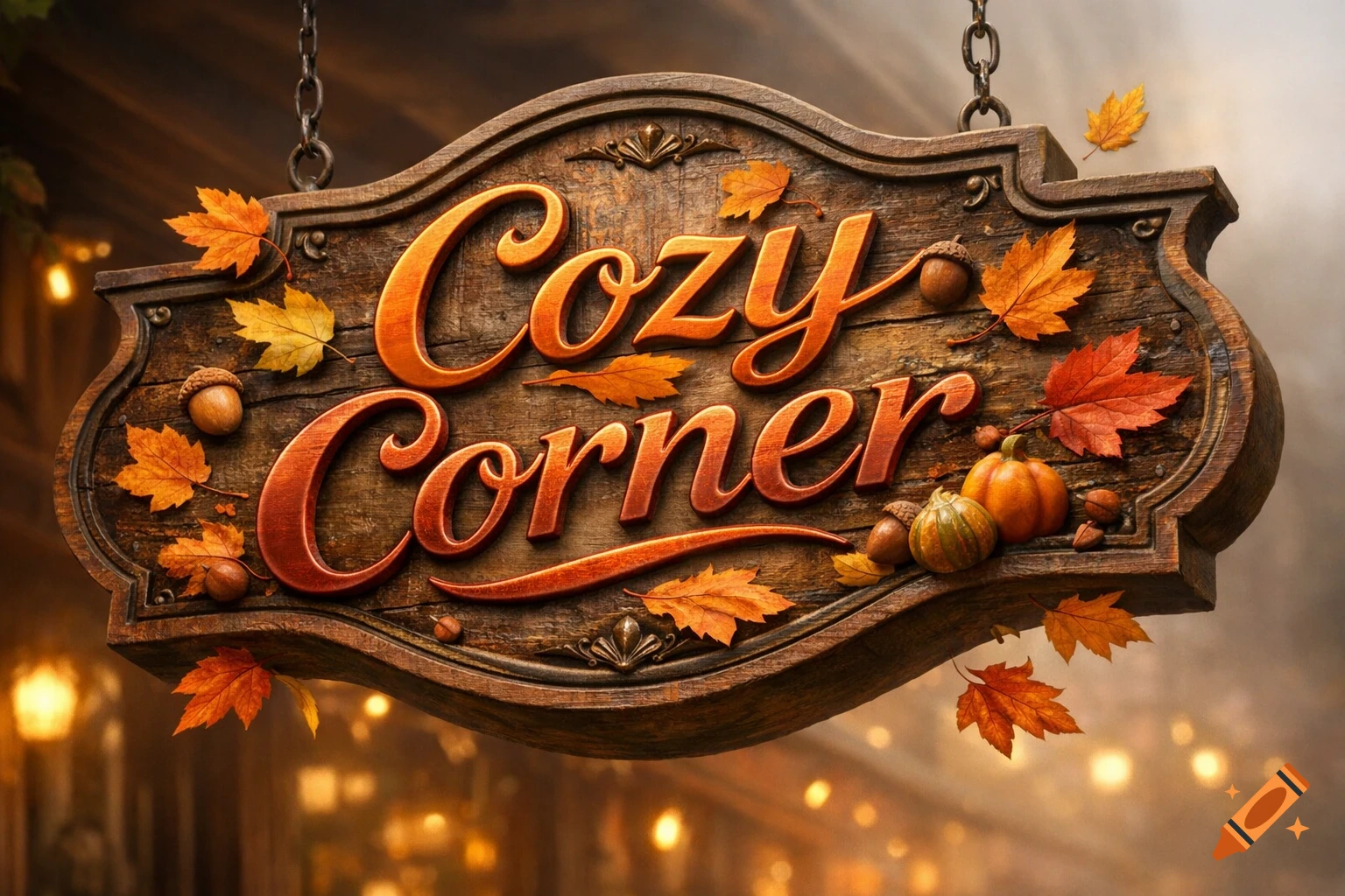 A rustic wooden shop sign for "Cozy Corner" decorated with autumn leaves, small pumpkins, and acorns, in a warm, photorealistic style.