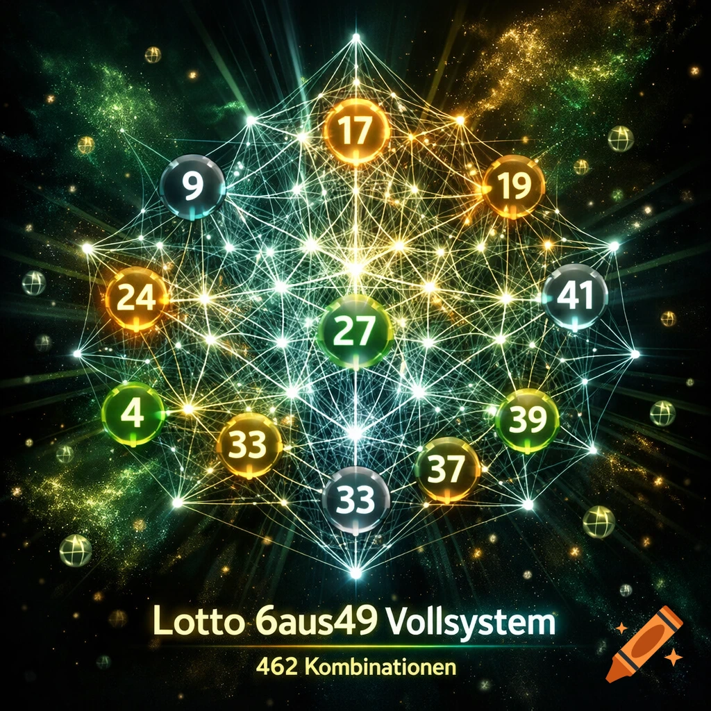 An abstract, glowing cosmic web of interconnected lines and points against a dark, starry background. Numbered spheres are at the intersections, with text 'Lotto 6aus49 Vollsystem' and '462 Kombinationen' below.
