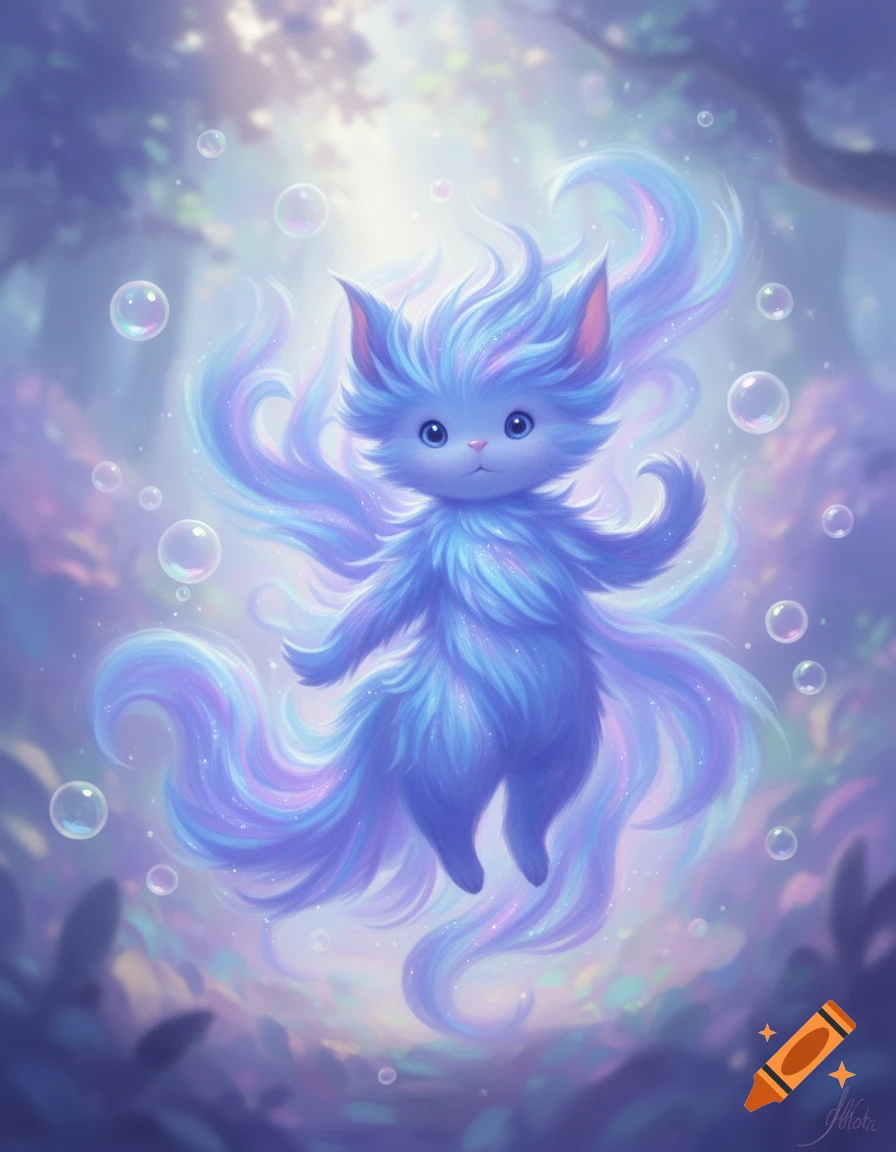 A fluffy, glowing blue-purple fantasy creature floats in a dreamy forest with bubbles, digital art.