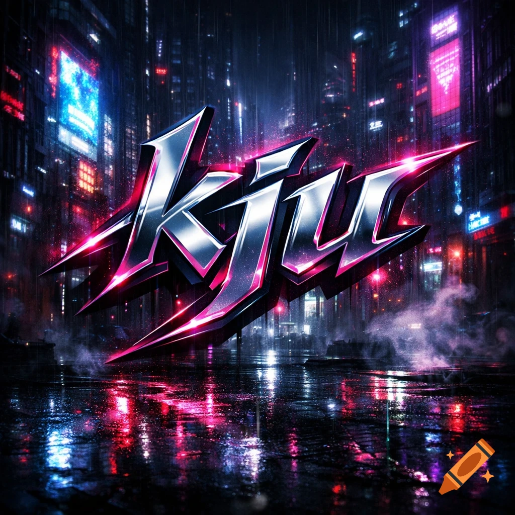 Futuristic metallic 'KJU' lettering reflecting neon lights on a wet surface in a rainy cyberpunk city.