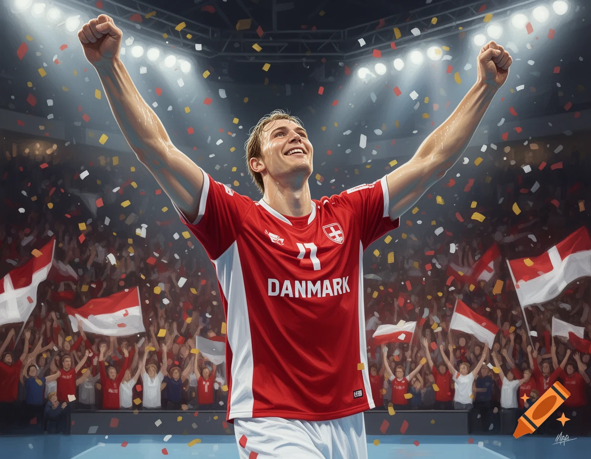 A jubilant male handball player in a red 'DANMARK' jersey with number 17, arms raised in victory amidst falling confetti and a cheering crowd in a stadium.