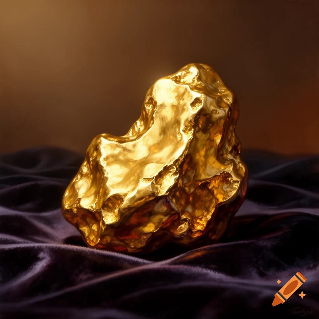 Large, irregularly shaped gold nugget on dark, rippled fabric, illuminated by warm light in a photorealistic style.