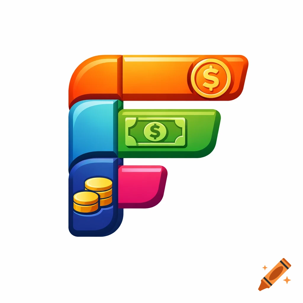 A colorful, modular 3D letter 'F' logo, incorporating dollar signs and gold coins, on a white background.