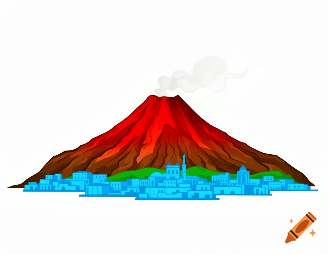 Colored clipart of a red volcano spewing smoke over a blue stylized city with green land, on a white background.