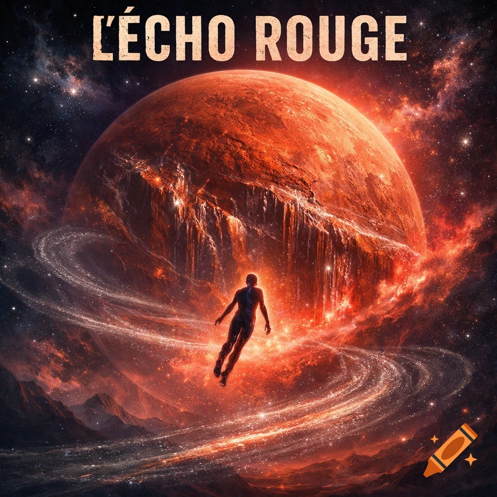 A figure floats near a large red planet with glowing fissures, surrounded by cosmic dust and stars. Text: 'L'ÉCHO ROUGE'.
