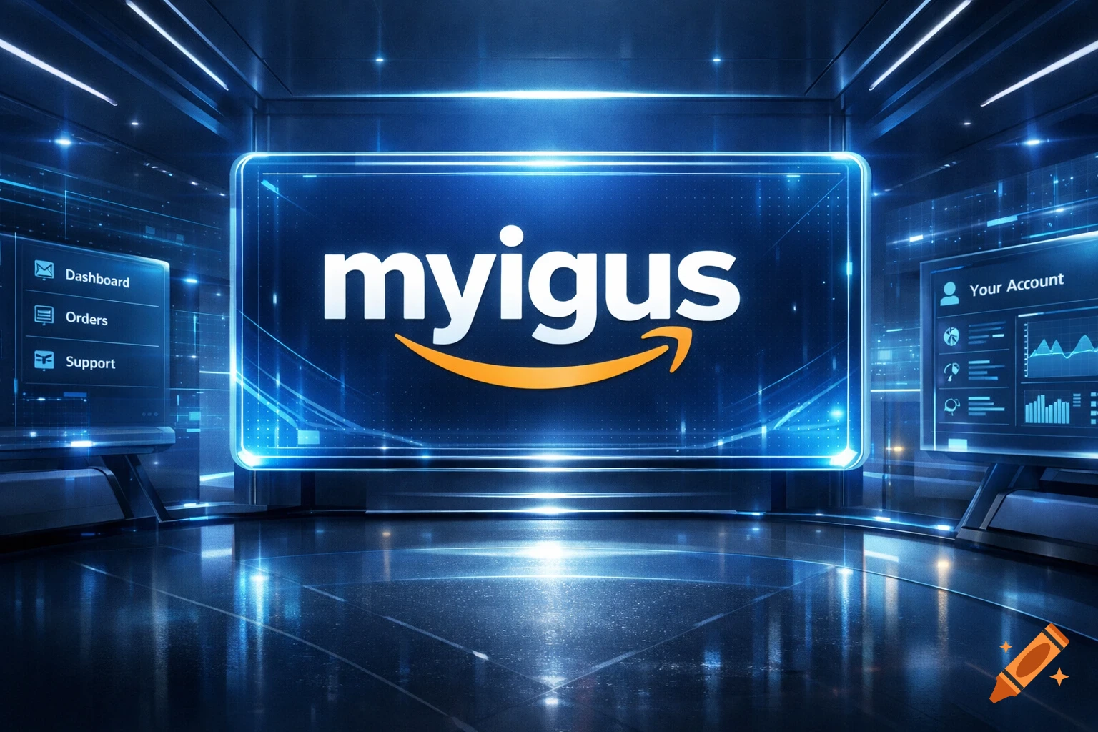 Futuristic digital customer portal with a central screen displaying the 'myigus' logo, surrounded by UI panels and blue glowing lights.