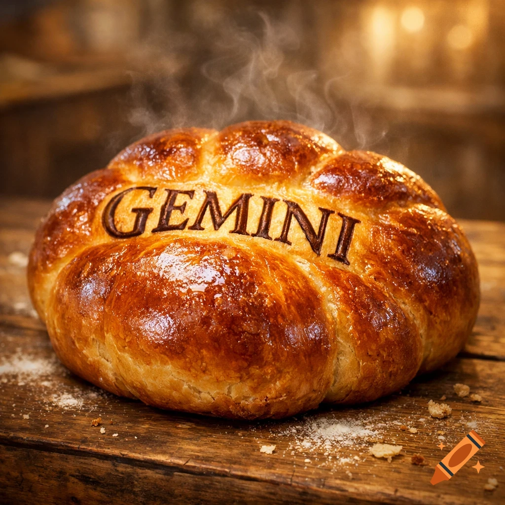 Warm, glossy brioche bread with 'GEMINI' inscribed on top, resting on a rustic wooden table with crumbs and steam rising.